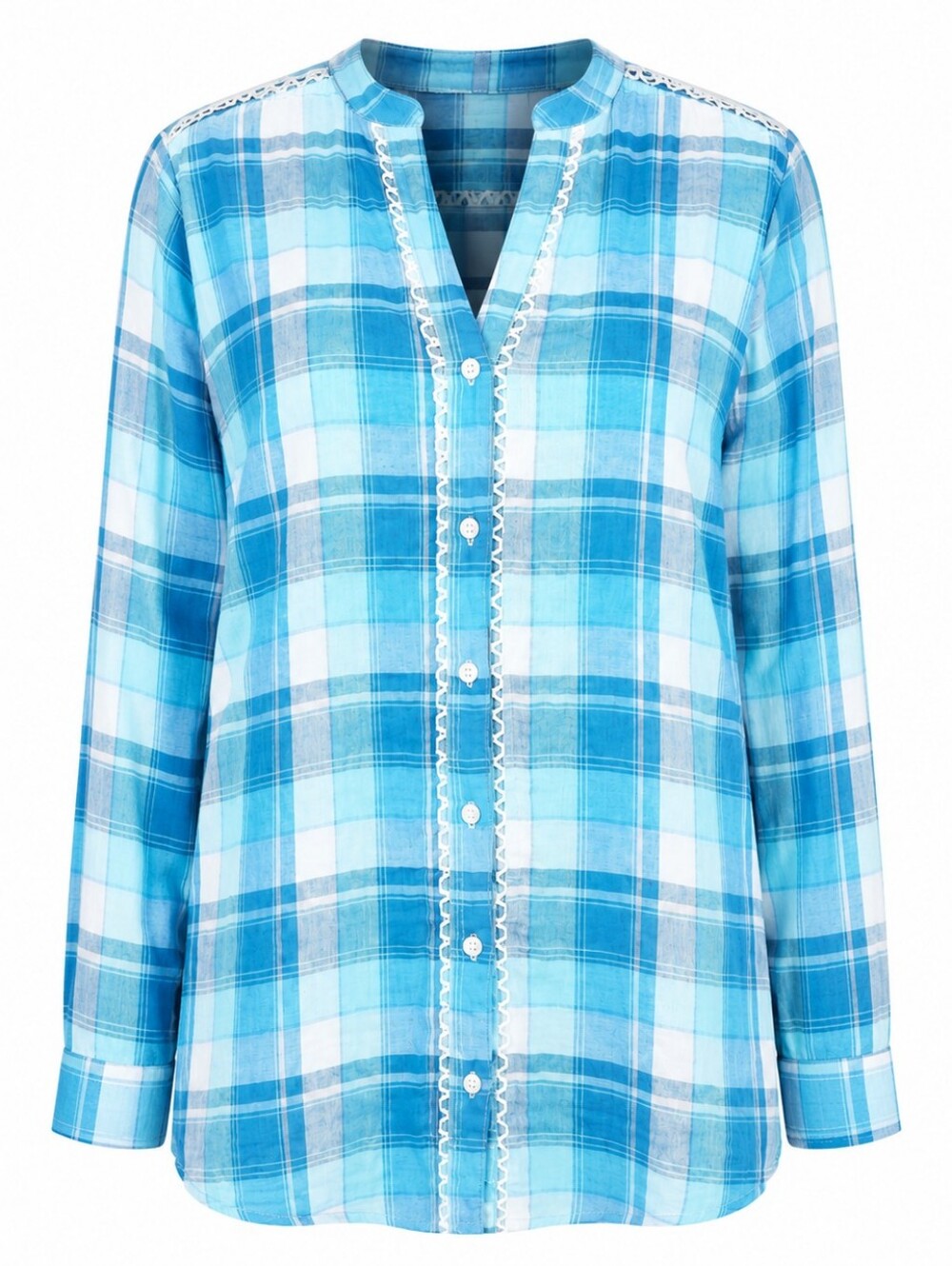 SOFT SURROUNDINGS | Blue Plaid Cotton Crochet Lace Boho Coastal Blouse | XL